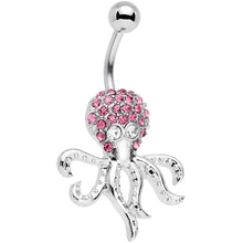 Load image into Gallery viewer, Clear and Pink Gem Paved Steel I'm All Tentacles Octopus Belly Ring
