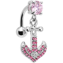 Load image into Gallery viewer, Pink Gem Paved Set My Sails Anchor Top Mount Dangle Belly Ring
