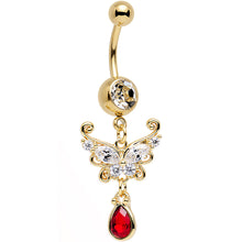 Load image into Gallery viewer, Clear CZ Red Gem Drop Gold Anodized Ornate Butterfly Dangle Belly Ring

