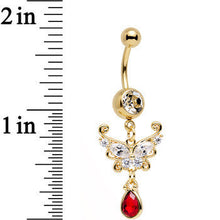 Load image into Gallery viewer, Clear CZ Red Gem Drop Gold Anodized Ornate Butterfly Dangle Belly Ring
