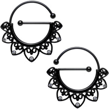 Load image into Gallery viewer, Clear Gem Black PVD Barbell Filigree Heart Universal Nipple Ring Set
