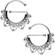 将图片加载到图库查看器，Clear Gem Stainless Steel Filigree Heart Universal Nipple Ring Set
