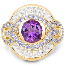 将图片加载到图库查看器，14K Yellow Gold Plated 3.93 Carat Genuine Amethyst, Tanzanite and White Topaz .925 Sterling Silver Ring
