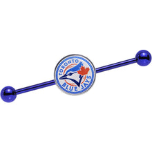 将图片加载到图库查看器，Licensed MLB Blue Anodized Toronto Blue Jays Industrial Barbell 38mm
