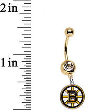 Load image into Gallery viewer, Licensed NHL Clear Gem Gold Anodized Boston Bruins Dangle Belly Ring
