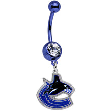 Load image into Gallery viewer, Licensed NHL Clear Gem Blue Anodized Vancouver Canucks Belly Ring

