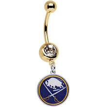 Load image into Gallery viewer, Licensed NHL Clear Gem Gold Anodized Buffalo Sabres Dangle Belly Ring
