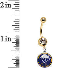 Load image into Gallery viewer, Licensed NHL Clear Gem Gold Anodized Buffalo Sabres Dangle Belly Ring

