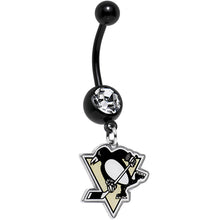 Load image into Gallery viewer, Licensed NHL Clear Gem Black Anodized Pittsburgh Penguins Belly Ring
