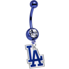 Load image into Gallery viewer, Licensed MLB Clear Gem Blue Anodized LA Dodgers Dangle Belly Ring
