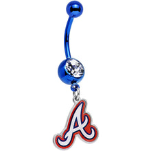 Load image into Gallery viewer, Licensed MLB Clear Gem Blue Anodized Atlanta Braves Dangle Belly Ring
