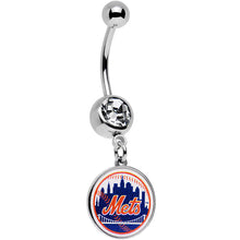将图片加载到图库查看器，Licensed MLB Clear Gem Stainless Steel New York Mets Dangle Belly Ring

