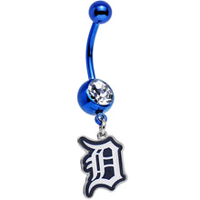 将图片加载到图库查看器，Licensed MLB Clear Gem Blue Anodized Detroit Tigers Dangle Belly Ring
