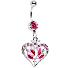 将图片加载到图库查看器，Pink Gem Framework Heart and Flower Dangle Belly Ring
