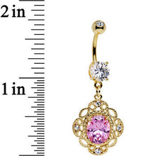 Load image into Gallery viewer, Large Pink CZ Clear Gold Plated Ornate Framework Dangle Belly Ring
