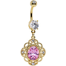 Load image into Gallery viewer, Large Pink CZ Clear Gold Plated Ornate Framework Dangle Belly Ring
