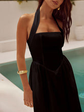 Load image into Gallery viewer, Black Ruched Halter Neck Midi Dress Sleek &amp; Sophisticated Dress For Women
