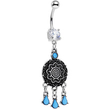 Load image into Gallery viewer, Clear Gem and Faux Turquoise Leafy Lotus Flower Disk Dangle Belly Ring
