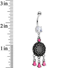 Load image into Gallery viewer, Clear Gem and Pink Faux Turquoise Leafy Lotus Flower Disk Dangle Belly Ring
