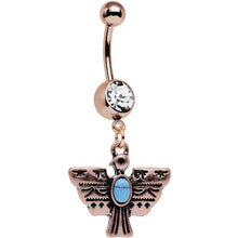 Load image into Gallery viewer, Clear Gem Faux Turquoise Rose Gold Plated Totem Bird Dangle Belly Ring
