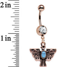 Load image into Gallery viewer, Clear Gem Faux Turquoise Rose Gold Plated Totem Bird Dangle Belly Ring
