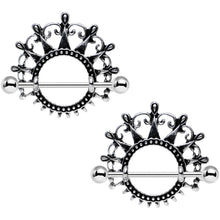Load image into Gallery viewer, 1 inch Dark Ornate Detail Princess Crown Barbell Nipple Shield Set
