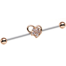 Load image into Gallery viewer, 14G Clear CZ Gem Fancy Orchid Heart Industrial Barbell 38mm
