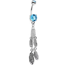 将图片加载到图库查看器，Clear Brilliant Blue CZ Gems Fluttering Feathers Dangle Belly Ring
