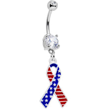 Load image into Gallery viewer, Clear Gem Red White and Blue Patriotic USA Ribbon Dangle Belly Ring
