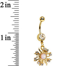 Load image into Gallery viewer, Clear Gem White Faux Opal Gold Anodized Sunburst Dangle Belly Ring
