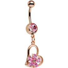 Load image into Gallery viewer, Pink Gem Rose Gold Plated Flower and Heart Dangle Belly Ring
