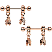 将图片加载到图库查看器，14G .94 Rose Gold Fair Weather Feather Dangle Nipple Ring Set
