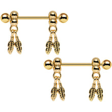 将图片加载到图库查看器，14G Gold Anodized Fair Weather Feather Dangle Nipple Ring Set
