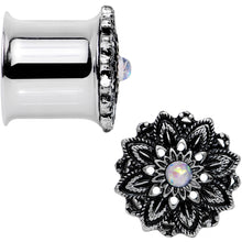 Load image into Gallery viewer, 1/2 White Synthetic Opal Steel Flower Frame Double Flare Plug Set
