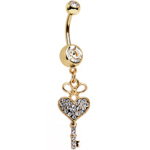 Load image into Gallery viewer, Clear Gem Gold Anodized Have a Heart Hold the Key Dangle Belly Ring
