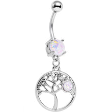 Load image into Gallery viewer, White Faux Opal Circular Frame Terra Tree of Life Dangle Belly Ring
