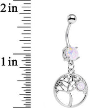 Load image into Gallery viewer, White Faux Opal Circular Frame Terra Tree of Life Dangle Belly Ring

