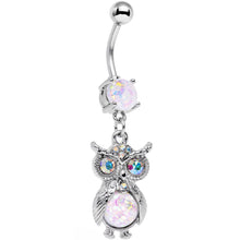 将图片加载到图库查看器，White Faux Opal Aurora Gem No Ordinary Owl Dangle Belly Ring
