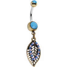 Load image into Gallery viewer, Faux Turquoise Pink and Blue Bead Latticework Leaf Dangle Belly Ring
