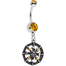 Load image into Gallery viewer, Orange Gem Moonspun Moon Sun and Stars Dangle Belly Ring
