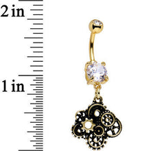 Load image into Gallery viewer, Clear Gem Gold PVD Steampunk Jumble Gears Dangle Belly Ring
