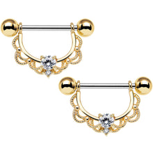 Load image into Gallery viewer, 14G 5/8 Clear CZ Steel Gold Plated Scalloped Dangle Nipple Ring Set
