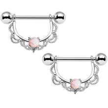 Load image into Gallery viewer, 14G 5/8 White Synthetic Opal Steel Scalloped Nipple Ring Set
