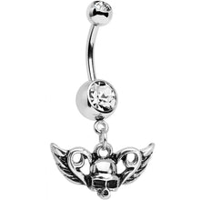 将图片加载到图库查看器，Clear Gem Born to Be Bad Winged Skull Dangle Belly Ring
