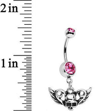 将图片加载到图库查看器，Pink Gem Born to Be Bad Winged Skull Dangle Belly Ring
