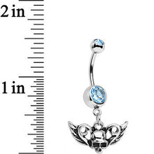 Load image into Gallery viewer, Aqua Gem Born to Be Bad Winged Skull Dangle Belly Ring
