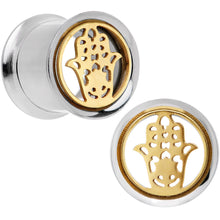 Load image into Gallery viewer, 7/16 Steel Sunlit Hamsa Hand Screw Fit Tunnel Plug Set
