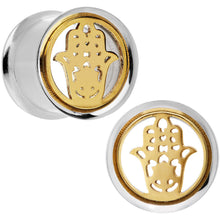 Load image into Gallery viewer, 1/2 Steel Sunlit Hamsa Hand Screw Fit Tunnel Plug Set
