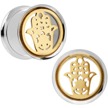 Load image into Gallery viewer, 9/16 Steel Sunlit Hamsa Hand Screw Fit Tunnel Plug Set
