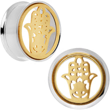 Load image into Gallery viewer, 25mm Steel Sunlit Hamsa Hand Screw Fit Tunnel Plug Set
